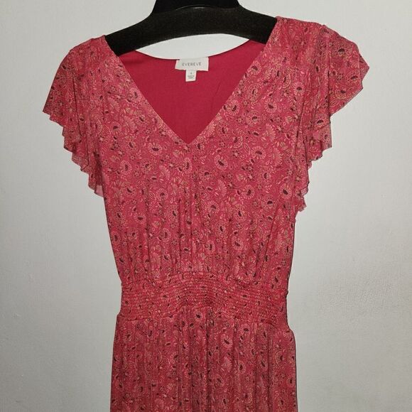 EVEREVE Elena Size Small Flutter Sleeves Pink Ditzy Floral Dress Tiered Hem - Picture 5 of 10